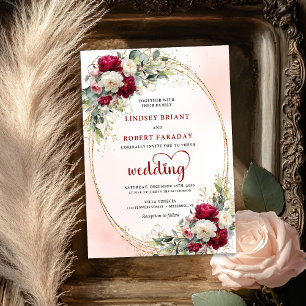Burgunder Boho Blumen Hochzeitseinladung Goldrahme Einladung