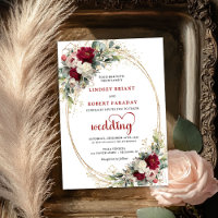 Burgunder Boho Chic Goldene Hochzeitseinladung