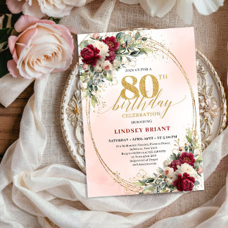 Burgunder Boho-Garten-Blumen-Einladung zum 80. Geb Einladung