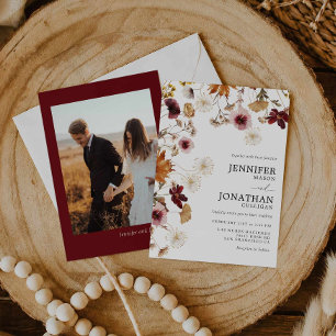 Burgunder Boho Herbst Blumen Foto Hochzeitseinladu Einladung