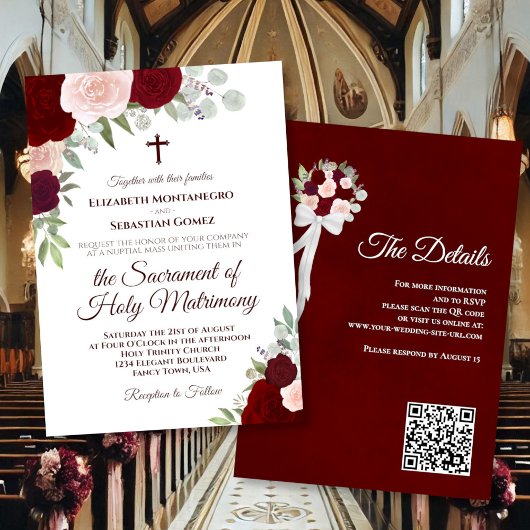 Burgunder Boho Rosen Katholische QR-Code Hochzeit Einladung