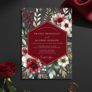 Burgunder Botanische Romantische Hochzeit Einladung