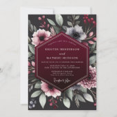 Burgunder Botanische Romantische Hochzeit Einladung (Vorderseite)