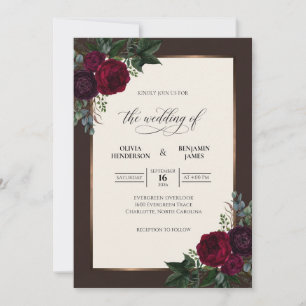 Burgunder-Braunes-Blumenstrauß-Eukalyptus-Hochzeit Einladung