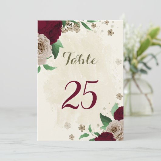 Burgunder Champagner Blume Tischnummer Karte (Stehend Vorderseite)