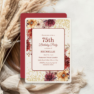 Burgunder-Creme-Blumen-Gold-Glitter 75. Geburtstag Einladung