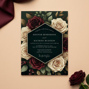 Burgunder-Creme-Blumenromanze Hochzeit Einladung