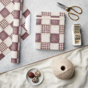 Burgunder-Creme-Karo-Streifen-Weihnachten Geschenkpapier