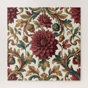 Burgunder-Dahlie Golden Acorn Barock-Blumenmuster Puzzle