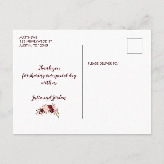 Burgunder danken Blumenchic-Foto-Hochzeit Ihnen Ankündigungspostkarte (Rückseite)