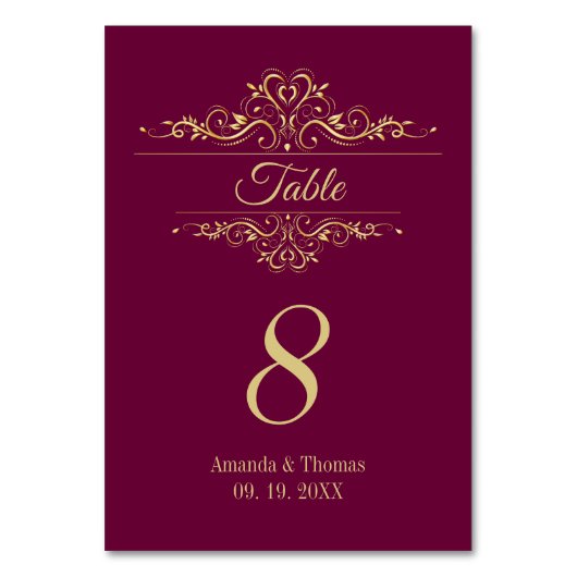 Burgunder eleganter Goldrahmen Hochzeitstisch Tischnummer (Vorderseite)