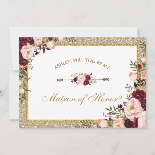 Burgunder erröten BlumengoldGlitzer-Matrone der Einladung (Vorderseite)