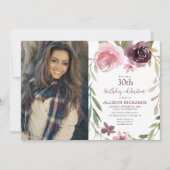 Burgunder erröten mit Blumen jedes erwachsene Einladung (Vorderseite)