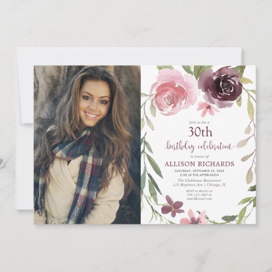 Burgunder erröten mit Blumen jedes erwachsene Einladung (Vorderseite)