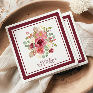 Burgunder Floral Aquarell Blumen Baby Shower Serviette