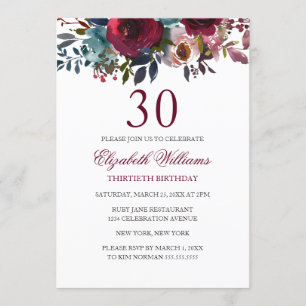 Burgunder Floral-Aquarell-Einladung zum 30. Geburt Einladung