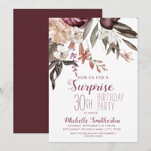 Burgunder Floral Boho Vintage 30. Geburtstag Einladung