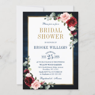 Burgunder Floral Gold Navy Blaues Brautjungfern-Ei Einladung