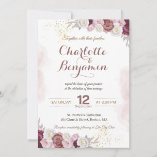 Burgunder Floral Gold Rahmen Hochzeitseinladung Einladung