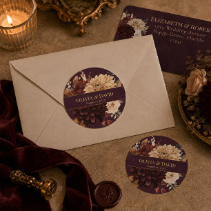 Burgunder Floral Gothic Hochzeits-Rundsticker Runder Aufkleber