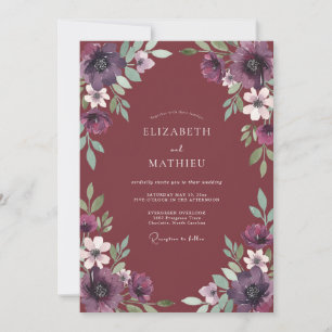 Burgunder Floral Lorbeer Romantik-Hochzeit Einladung