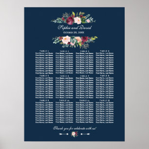 Burgunder Floral Navy Blau Hochzeits-Sitzplan Poster