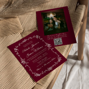 Burgunder Floral Old Money QR Code Foto Hochzeit Einladung