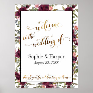 Burgunder Floral Willkommen zur Hochzeit Gold Text Poster