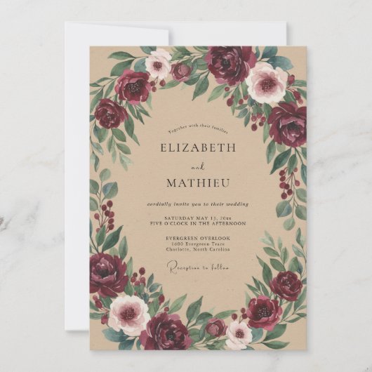Burgunder Florale Bogen Romantik Hochzeit Einladung (Vorderseite)