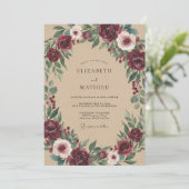 Burgunder Florale Bogen Romantik Hochzeit Einladung (Stehend Vorderseite)