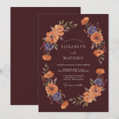 Burgunder Florale Herbstdurchblühende Hochzeit Einladung (Vorne/Hinten)