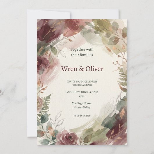 Burgunder Florale Hochzeit Einladung (Vorderseite)