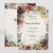 Burgunder Florale Hochzeit Einladung (Vorne/Hinten)