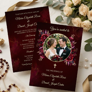 Burgunder Florale Katholische Hochzeit mit Foto Einladung