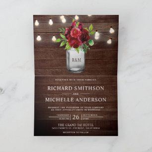 Burgunder Florale Mason Jar Lichter QR Code Hochze Einladung