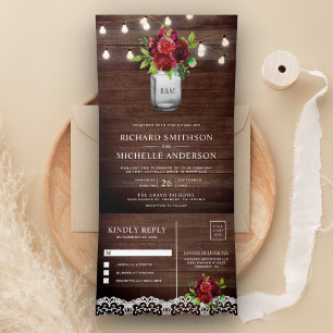 Burgunder Florale Mason Jar Lichterkette Hochzeit Dreifach Gefaltete Einladung