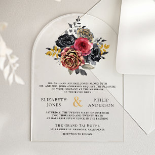 Burgunder Florale Rosen Schwarze Hochzeit Acryleinladungen