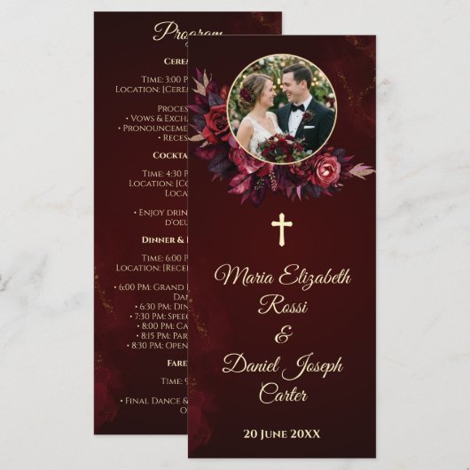 Burgunder Florales Katholisches Hochzeitsprogramm Programm (Vorne/Hinten)