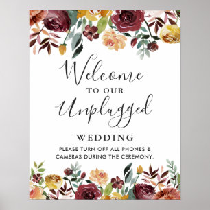 Burgunder Florales Unplugged Hochzeitsschild Poster