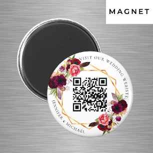 Burgunder Florals Gold geometrischer QR-Code Hochz Magnet