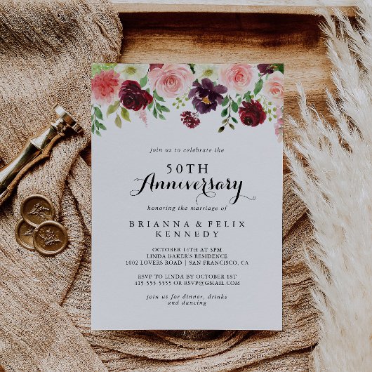 Burgunder Frühling Bläserblüte 50. Hochzeitstag Einladung