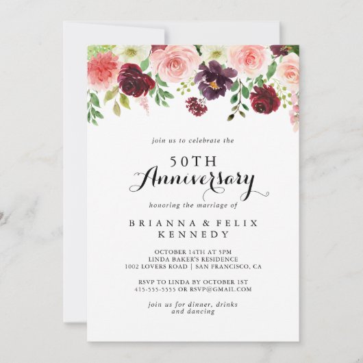 Burgunder Frühling Bläserblüte 50. Hochzeitstag Einladung (Vorderseite)