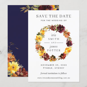 Burgunder Gelbe Blumen Hochzeit Save the Date Kart Einladung