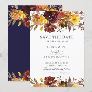 Burgunder Gelbe Blumen Hochzeit Save the Date Kart Einladung