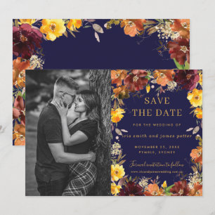 Burgunder Gelbe Blumige Foto Save-the-Date-Karte Einladung
