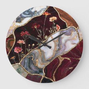 Burgunder-Geoden-Blumen-Glasuhr Große Wanduhr