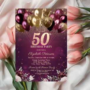 Burgunder Glitter Ballons Blumen 50. Geburtstag Einladung