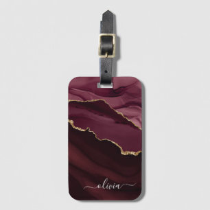 Burgunder-Gold-Achat-Geode-Gold-Monogramm Gepäckanhänger