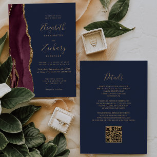 Burgunder Gold Achat Marineblau QR-Code Hochzeit Einladung