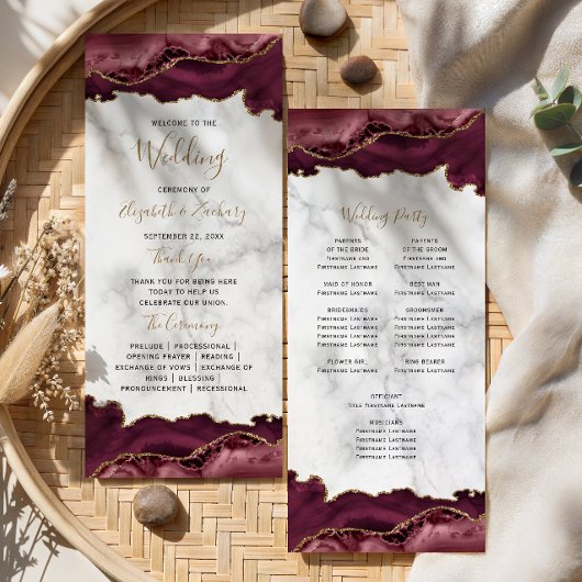 Burgunder-Gold-Achat-Schrift-Marmor-Hochzeit Programm
